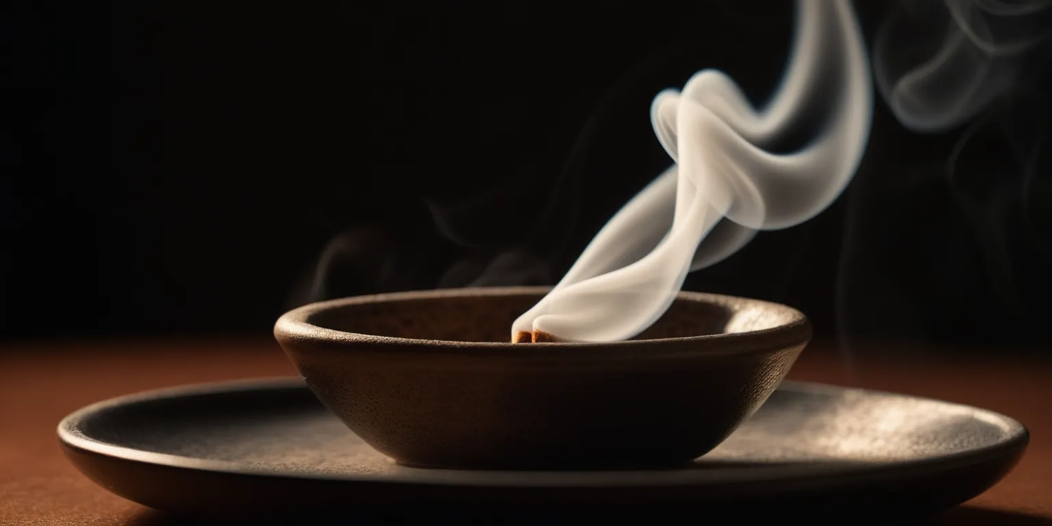 Close-up of a burning incense cone with a thin trail of fragrant smoke rising