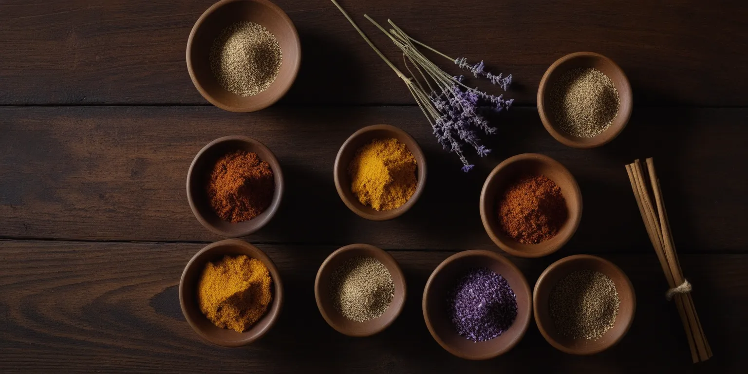 Small ceramic bowls filled with various ground incense ingredients and whole resins