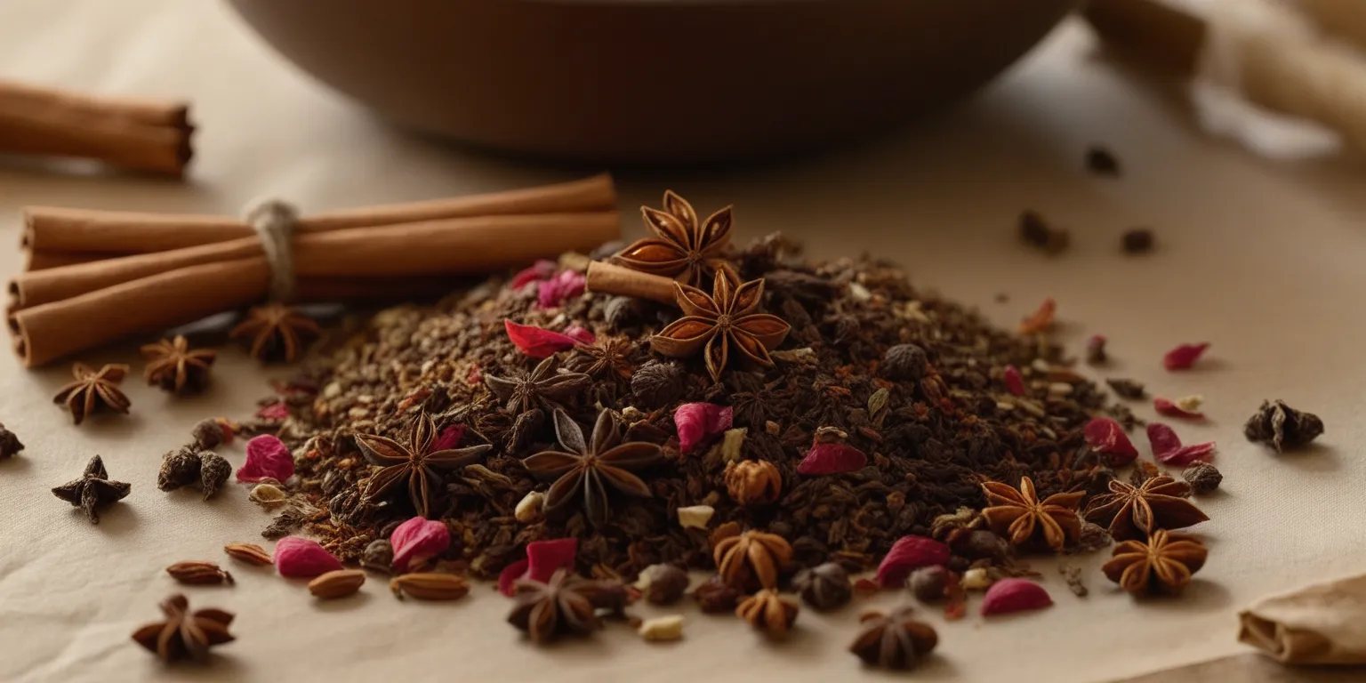 Assortment of dried herbs and spices used in traditional incense blending