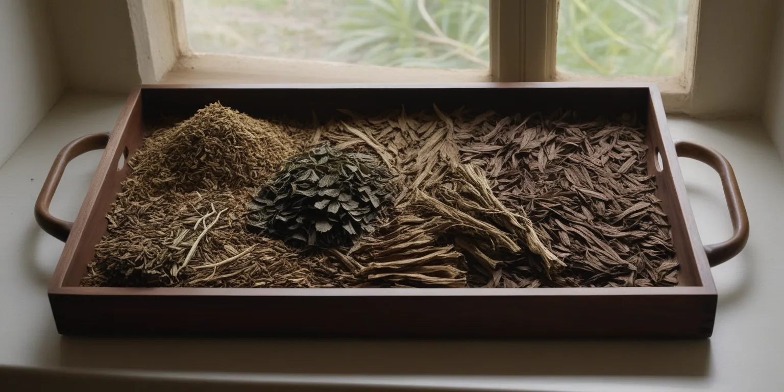A wooden tray with assorted raw incense ingredients including bark chips, dried herbs, and botanicals