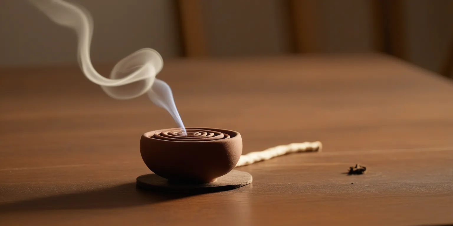 A small round clay incense burner with a coil incense smoldering inside